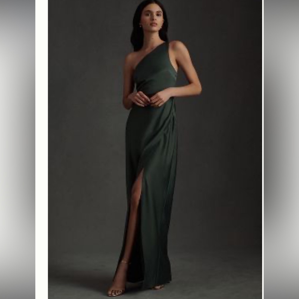 BHLDN DYLAN ONE-SHOULDER SATIN SIDE-SLIT GOWN. Forest color, worn once!
